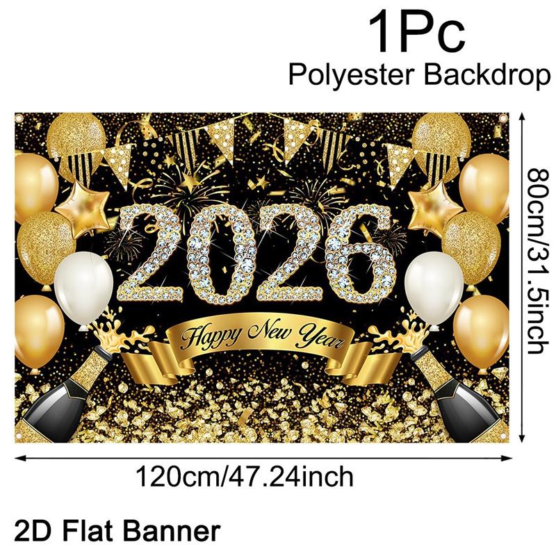 

2026 Happy New Year Backdrop Banner Fireworks Black Gold New Year Celebrations Christmas Party Photo Background Decoration Gifts