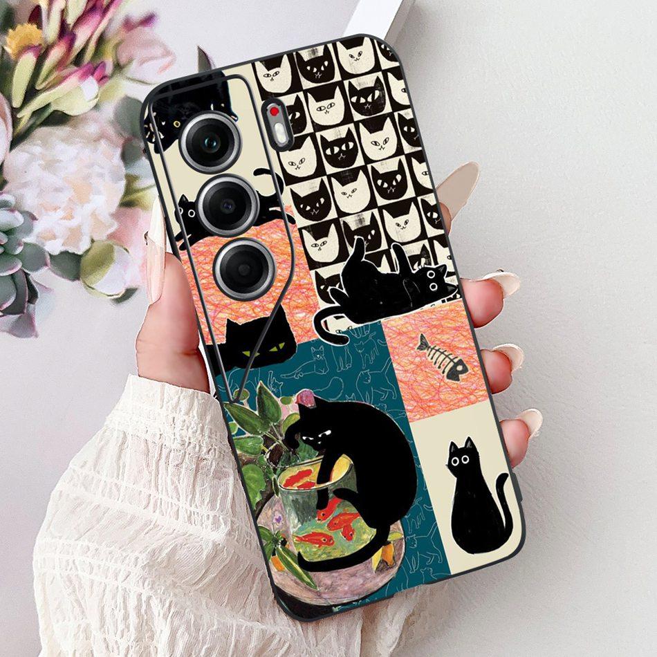 For Tecno Camon 40 Pro 4G Camon40 Elegant Floral Cat Phone Case For Camon 40 40Pro 4G CM6 CM5 Black Silicone Soft Cases Bumpers