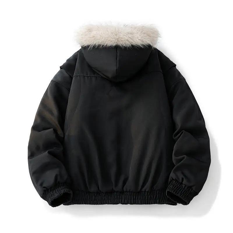 Men's Retro Fleece-Lined Faux Fur Collar Jacket Autumn Winter Loose Fit Sports Hooded Parka Padded Jacket