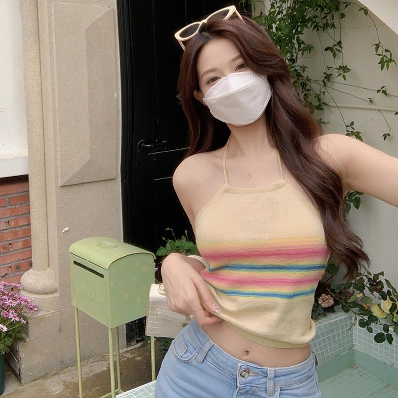 Halter Tank Tops For Women Stripe Contrast Color Slim Sweet Knitted Sleeveless Camisole