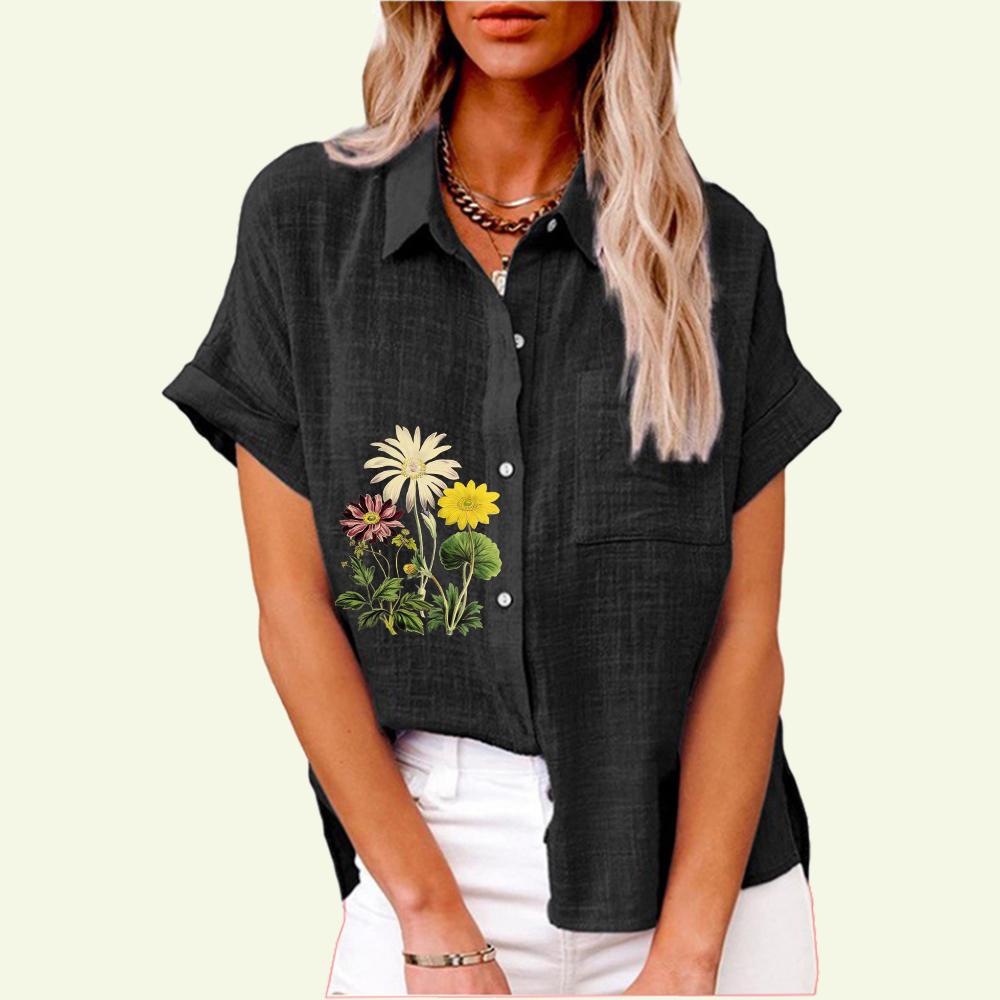Fashion Lapel Collar Shirt for Women Summer&fall Floral Print Top with Pocket Loose Short Sleeve T-shirt Ladies Casual Linen Blouses