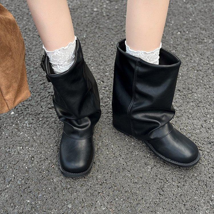 Pleated Pile Boots Women's 2025 New Black Maillard Medium Boots Women's Leather Western Boots Locomotive Martin Boots