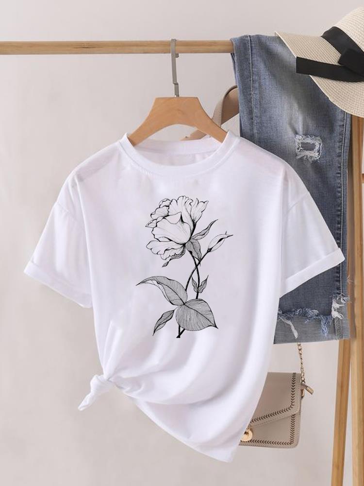 Kwiatek Słodki Trend lat 90. Uroczy Krótki Rękaw Nadruk Moda Graficzny T-shirt Kobiety Top Pani Damska Koszulka Tee Okrągły Dekolt Odzież Ubrania