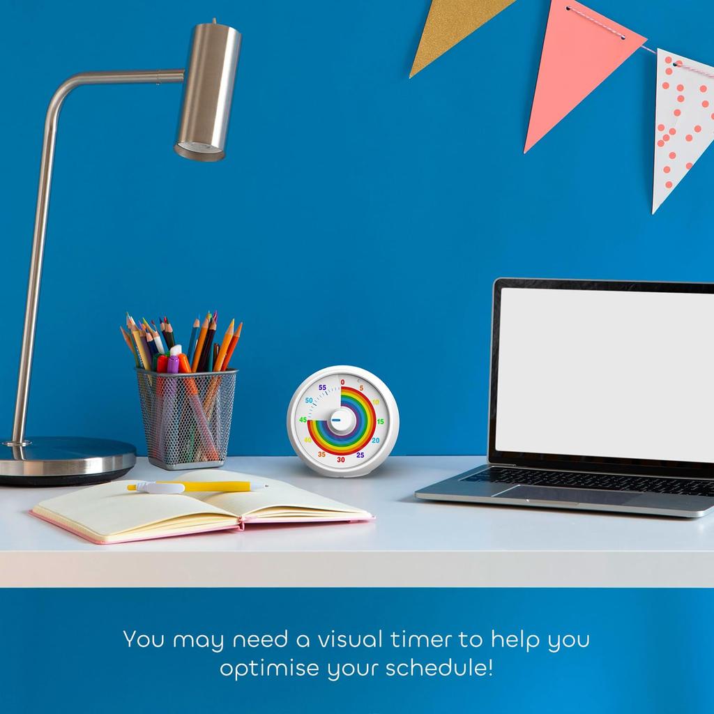 60-Minuten Visueller Timer für Kinder, Countdown-Timer für Klassenzimmer & Küche, Schreibtisch-Timer zum Lernen, Regenbogen-Druck Kinder Zeitmanagement-Tool (Weiß)