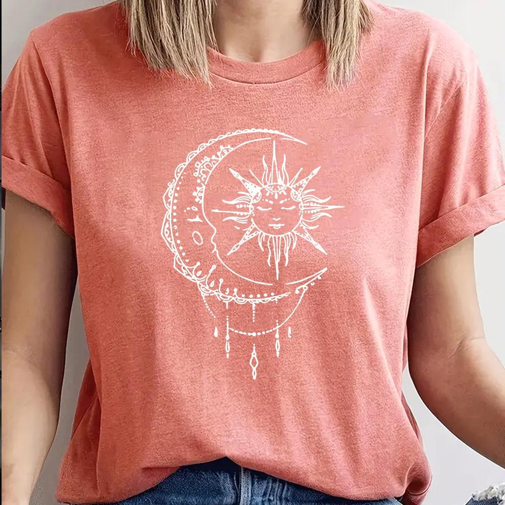 Moon and Sun Casual and Comfortable Pure Cotton Printed Women's Round Neck Short Sleeved T-shirt