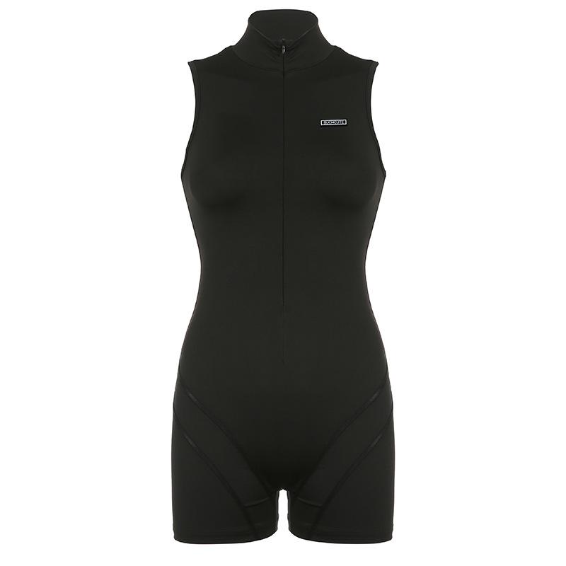 

Базовый тонкий спортивный облегающий боди для йоги с разрезом без рукавов и высоким воротом L чёрный