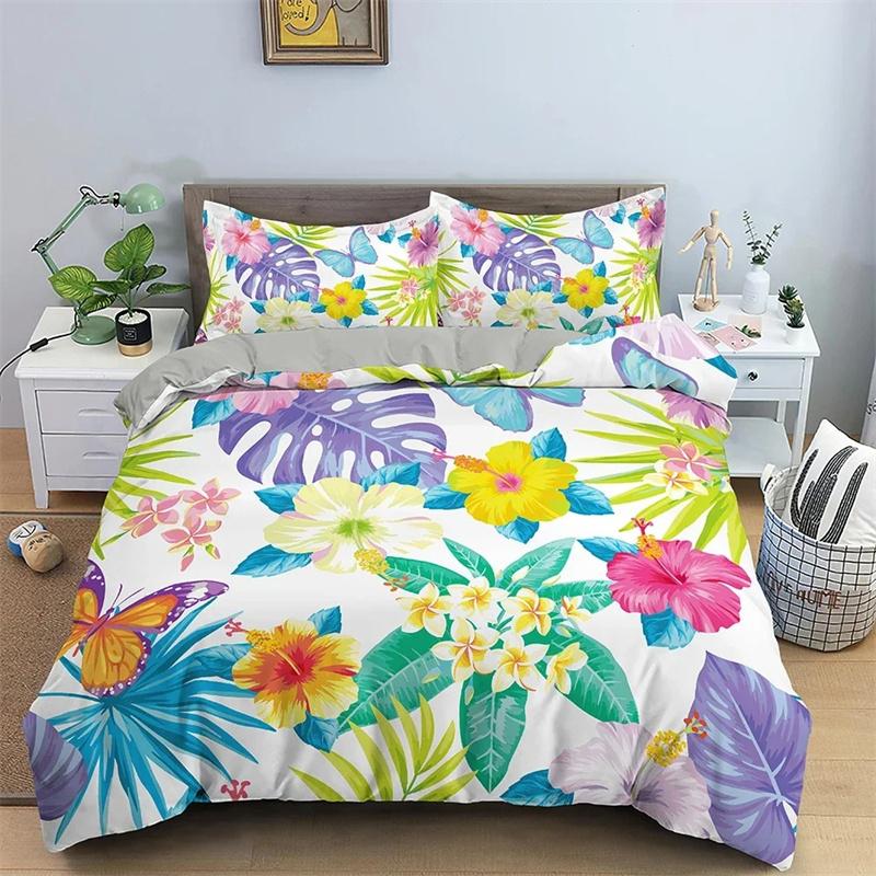 Tropical Plant Bedding Set Green Leaves Duvet Cover with Zipper Closure Comforter Cover Queen King Full Polyester Quilt Cover