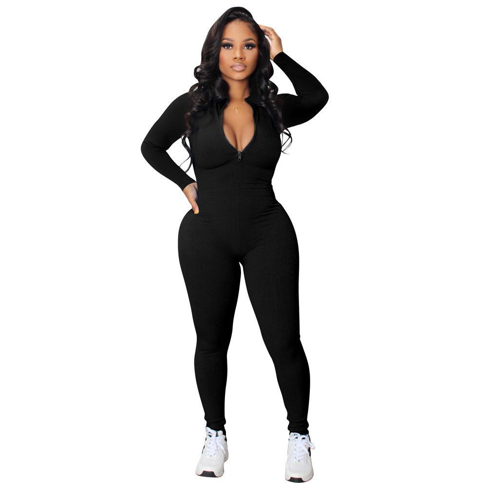 2022 Autumn European and American Pit Stripe Zipper Sports Jumpsuit