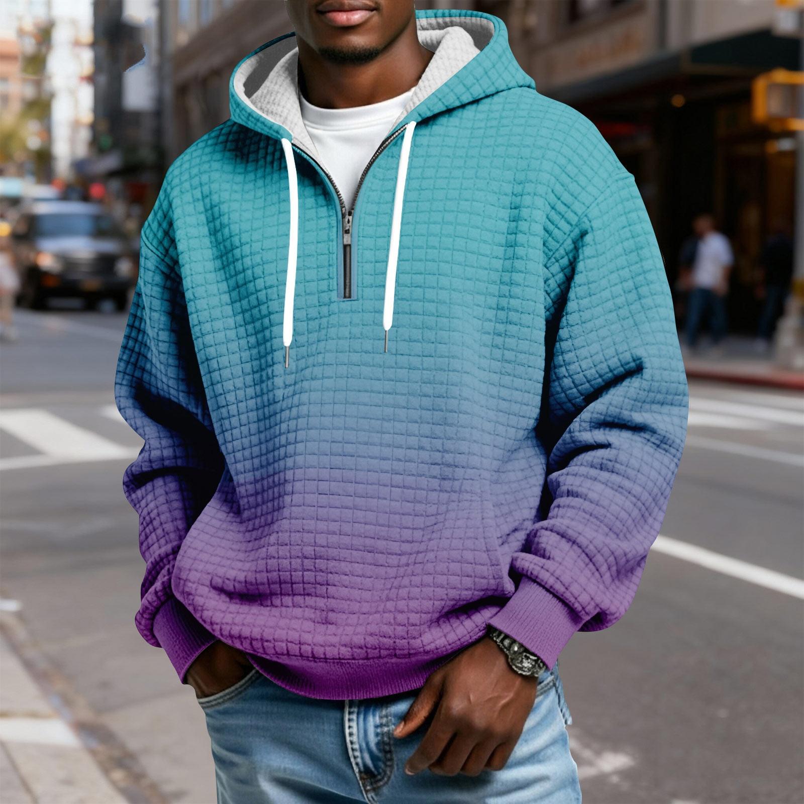 

Мужской худи-пуловер в клетку с капюшоном на молнии до середины, со шнурком и принтом, повседневная спортивная толстовка M