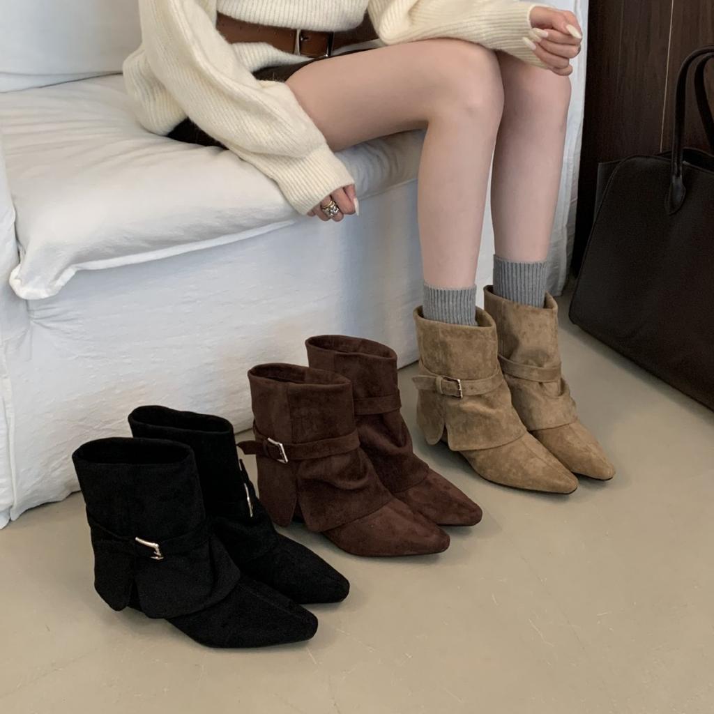 Fall 2025 new pointed toe thick heel mid-heel short pleated pile boots for women's wear with belt buckles and low-heeled boots