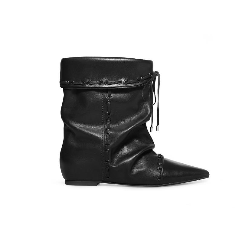 Folded Pointed Short Boots Women's Flat Bottom Straps Autumn and Winter New Retro Niche Maillard Western Cowboy Boots