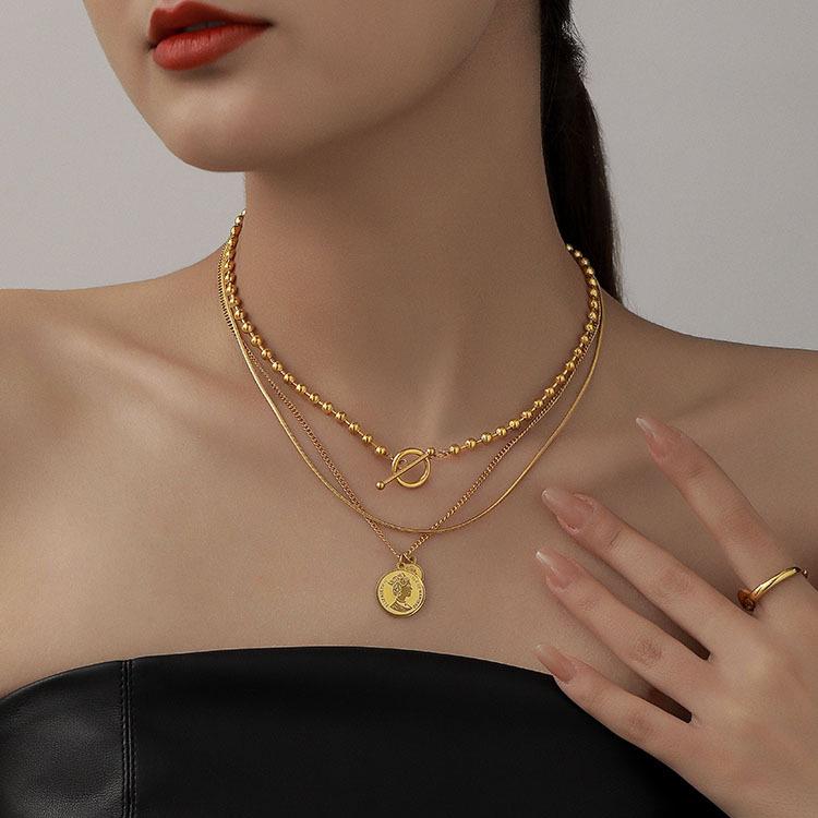 New 316L Stainless Steel Geometric Round Medal Pendant T Chain Multilayer Chain Necklace Necklace Ladies Wedding Accessories