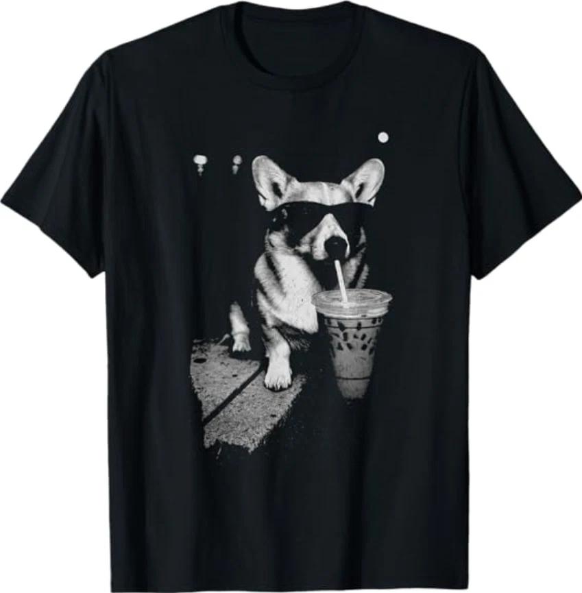 Corgi Drinking Iced Coffee Funny Corgi Dog Coffee Vintage T-Shirt 3XL