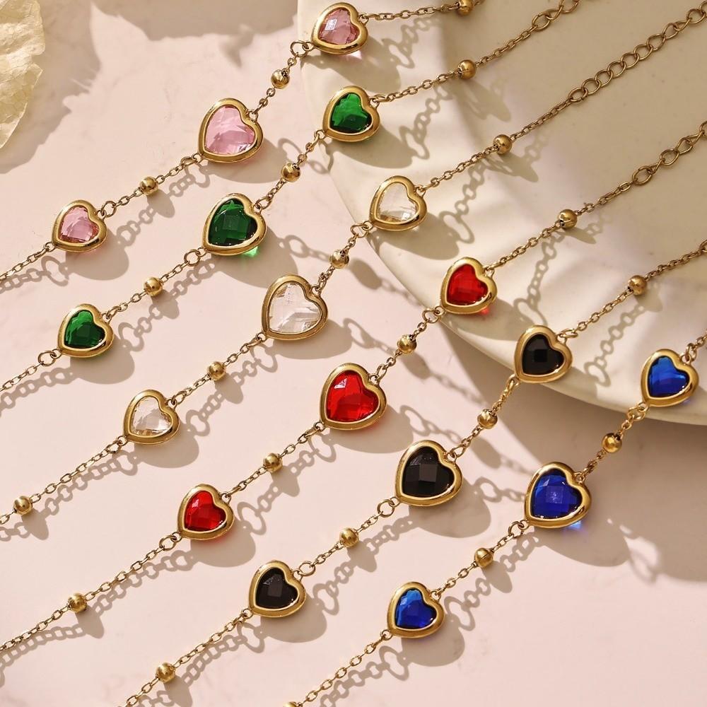 Vintage Heart Glass Necklace Stainless Steel Earrings Hand Chain Heart-shaped Jewelry Set  Gift