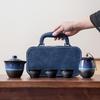 Tianmu Glaze Travel Tea Set, Blue Chinese Style Teaware, Ceramic Teapot and Teacup, Portable Outdoor Tea Set