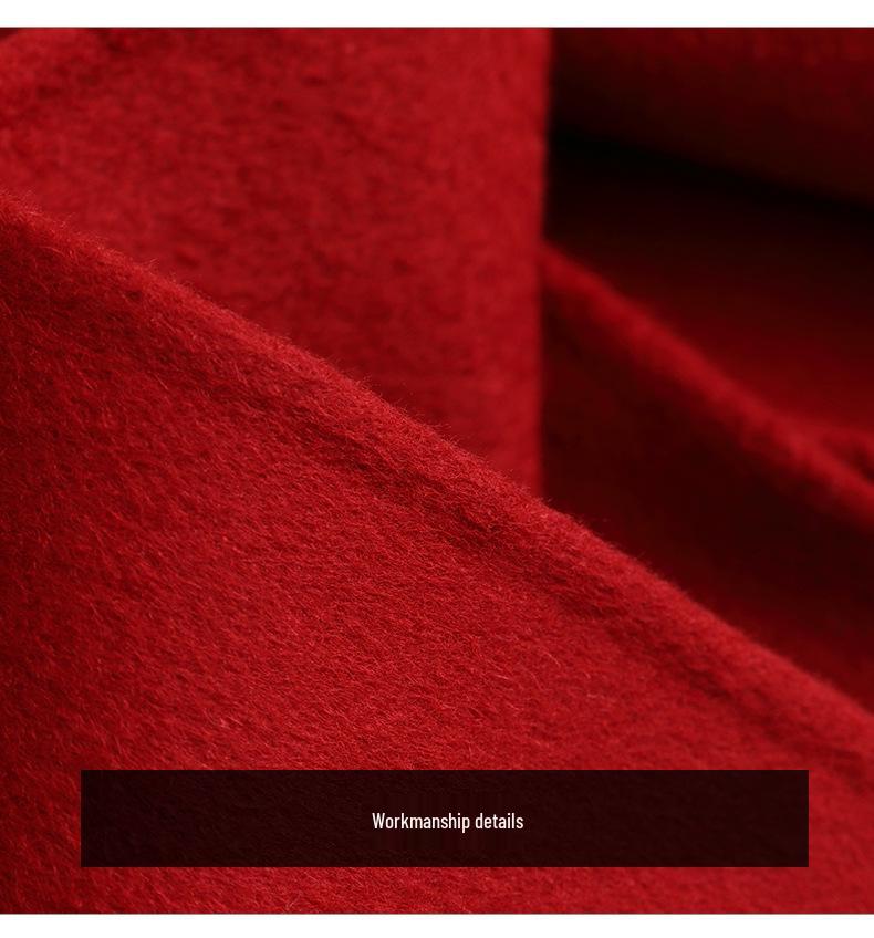 2025 Spring Women's Red Woolen Double-Sided Long Coat with Waist-Defining Design