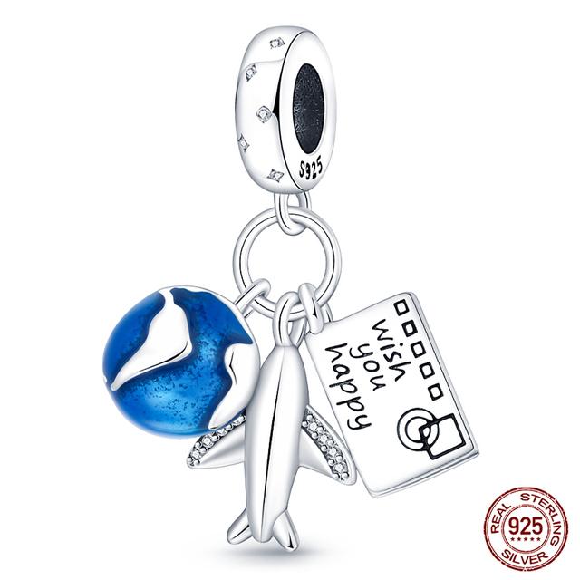Fit moda 925 pulseiras originais 925 prata azul astronauta aeronaves encantos de viagem contas pingentes para mulheres moda jóias diy