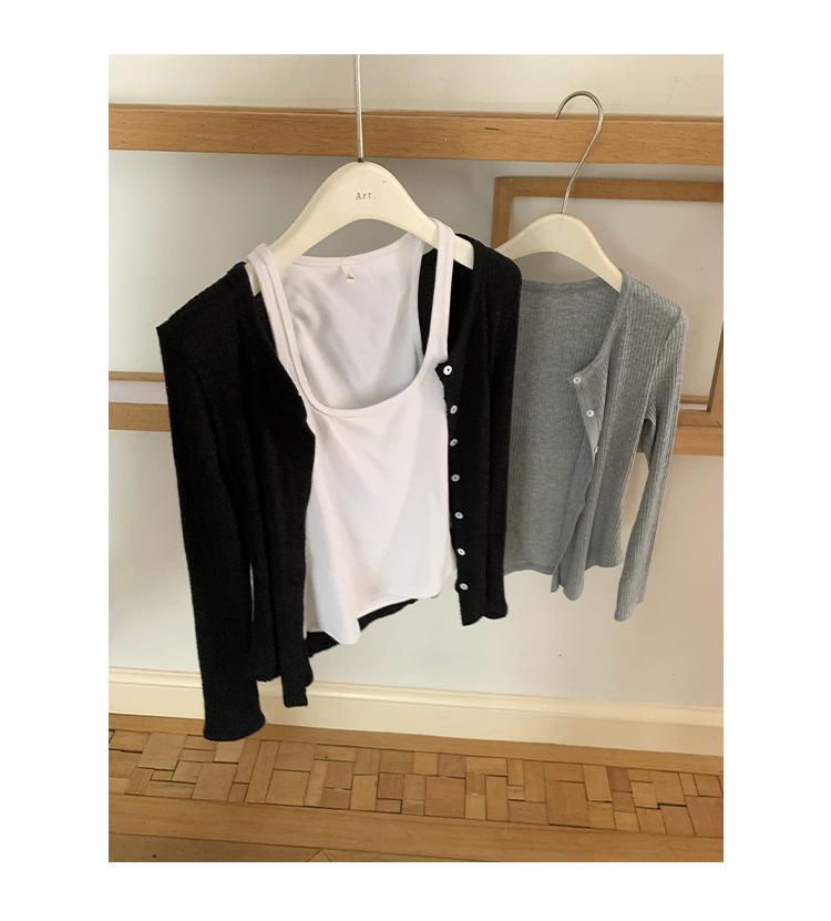 Korean Style Grey Round Neck Knit Cardigan for Women - Autumn/Winter Slimming Long Sleeve Top