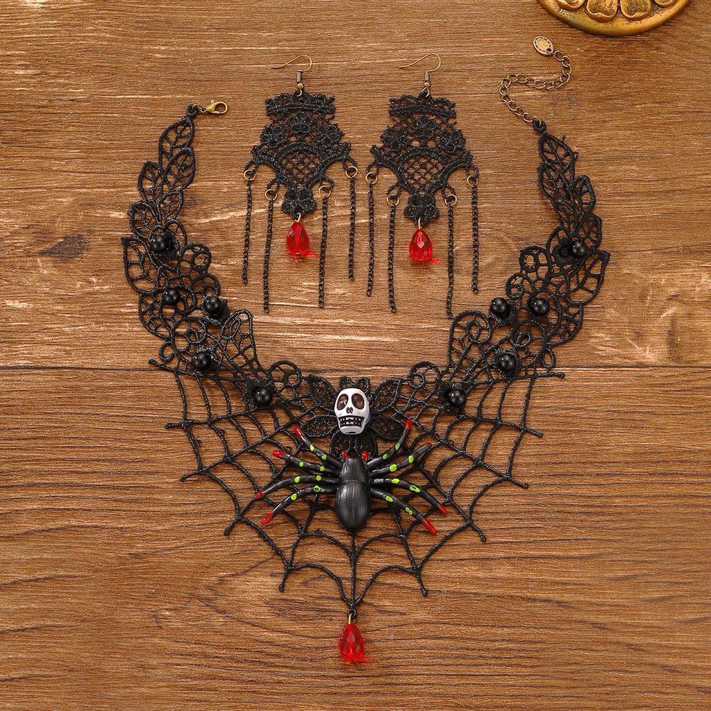 Halloween Skull Spider Lace Choker Necklace Dark Wind Fringed Earrings