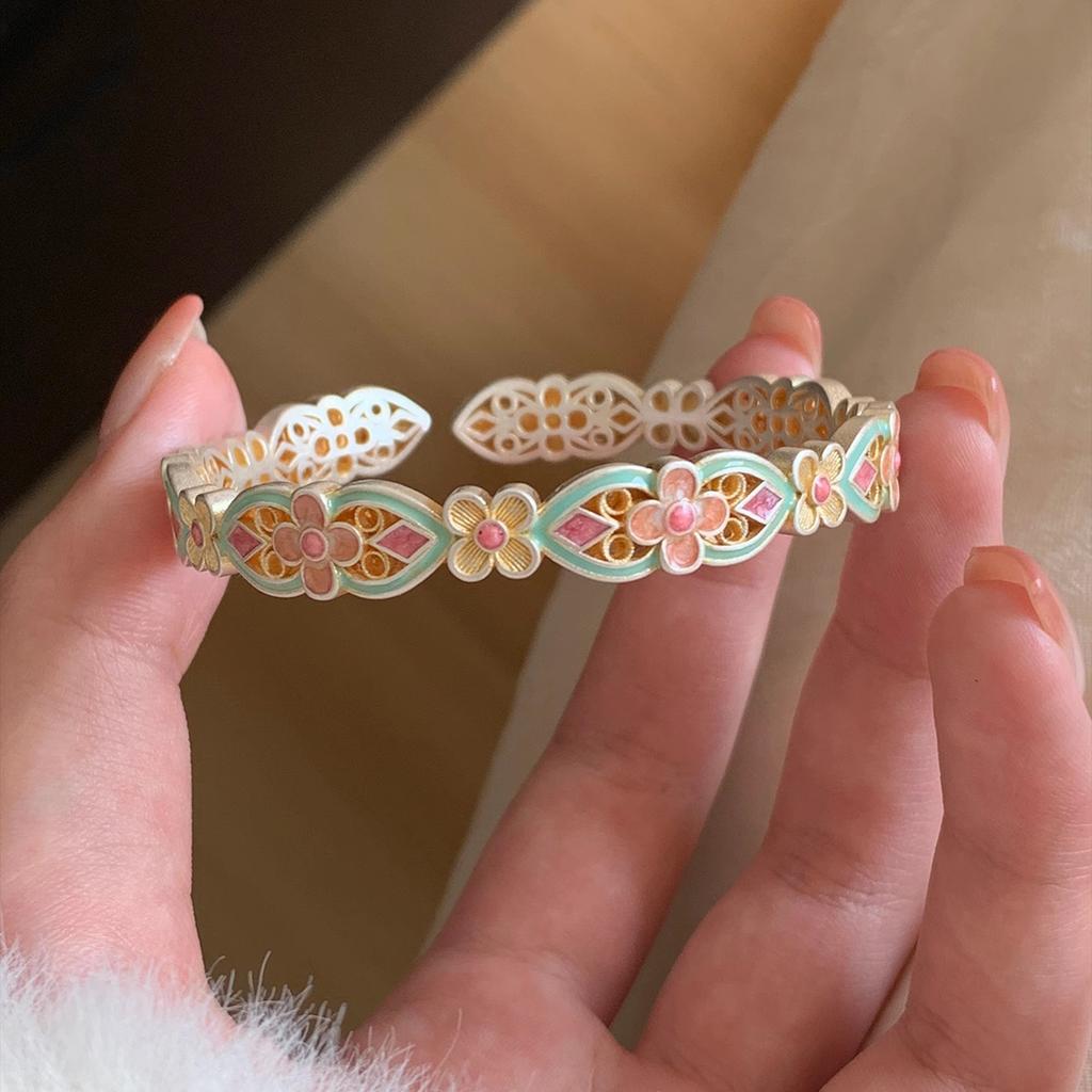 Palace Enamel Silver Bracelet White Copper Thick Solid Four-Leaf Clover Bracelet