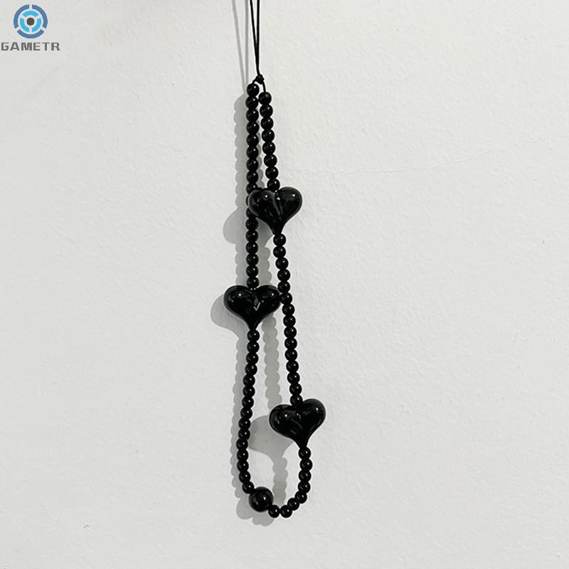 Korean Black Heart Phone Charm Straps Acrylic Beaded Cell Phone Chains Handy Wristlet String Lanyard Y2K Jewelry Accessories