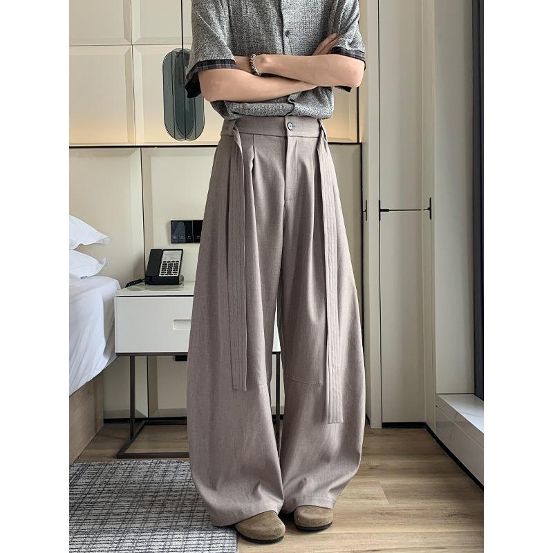 Men Double Belt Pleated Straight Micro Flared Loose Casual Dress Pants