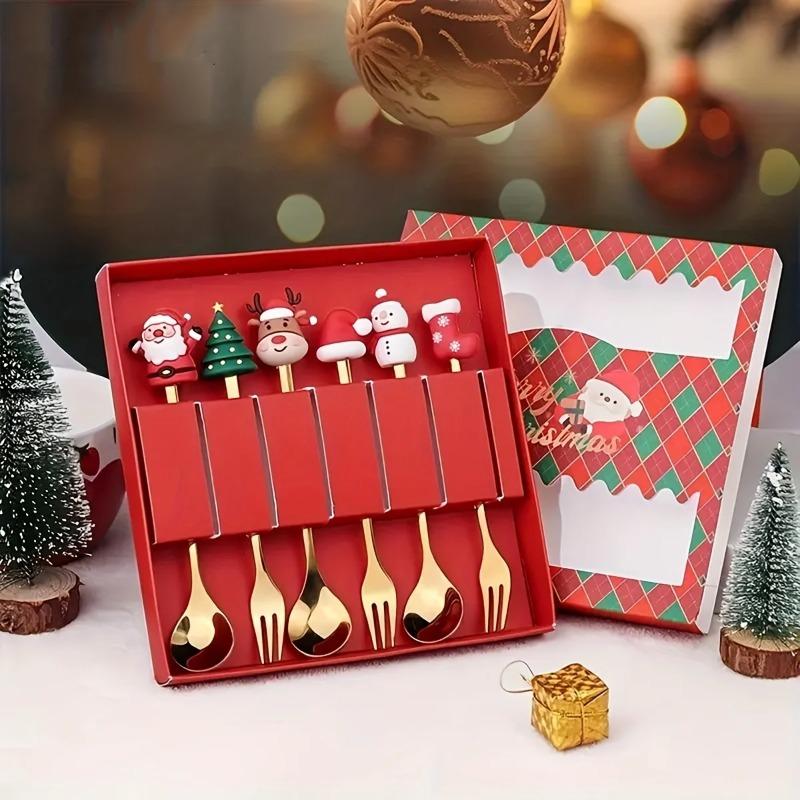 6Pcs Christmas Fork And Spoon Set,Stainless Steel Creative Tableware,Coffee Tea Dessert Forks And Spoons Gift Set