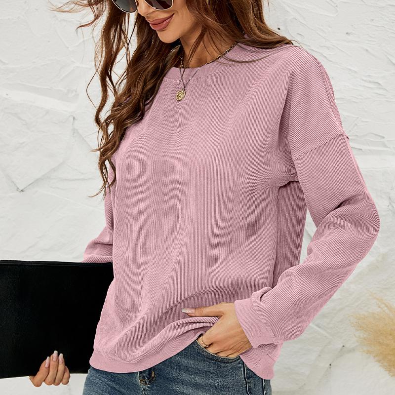 Women's Corduroy Sweatshirt Casual Round Neck Pullover Long Sleeve Top