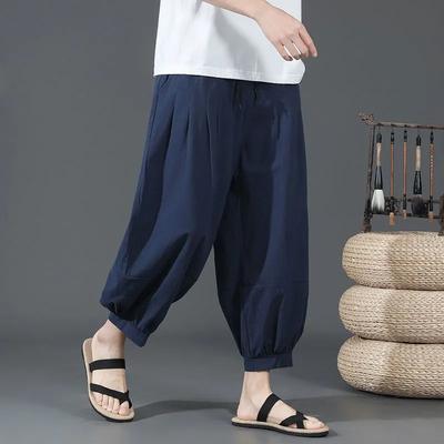 Plus Size Summer Cotton Linen Shorts Men Baggy Wide Leg Casual Capris Pants Male Sport Running Shorts Oversize Chinese Loose Straight Linen Pants
