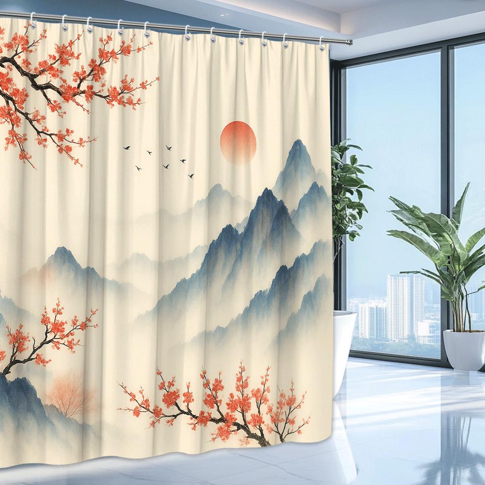 Chinese Ink Landscape Shower Curtain Cherry Blossom Mountains Misty Sky Traditional Art Decor Waterproof Simple Installation