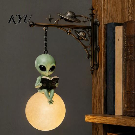 Modern Home Shelf Accent Alien Reading on Moon Hanging Lamp, Resin Bookshelf Light, Gift for Space Lovers Warm LED Night Light Decor Patio Garden