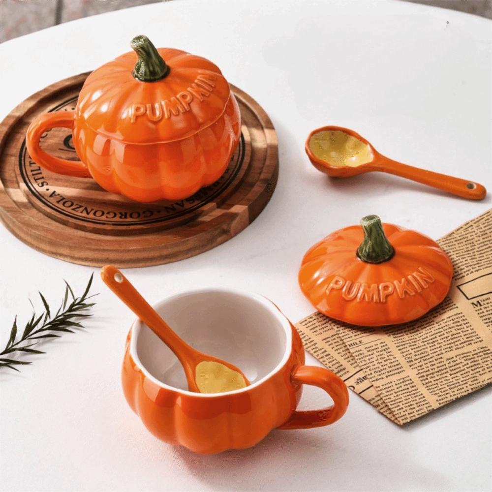 with Spoon and Lid Halloween Cartoon Pumpkin Mug Ceramic Drinking Cup Cute Milk Cup  Pudding