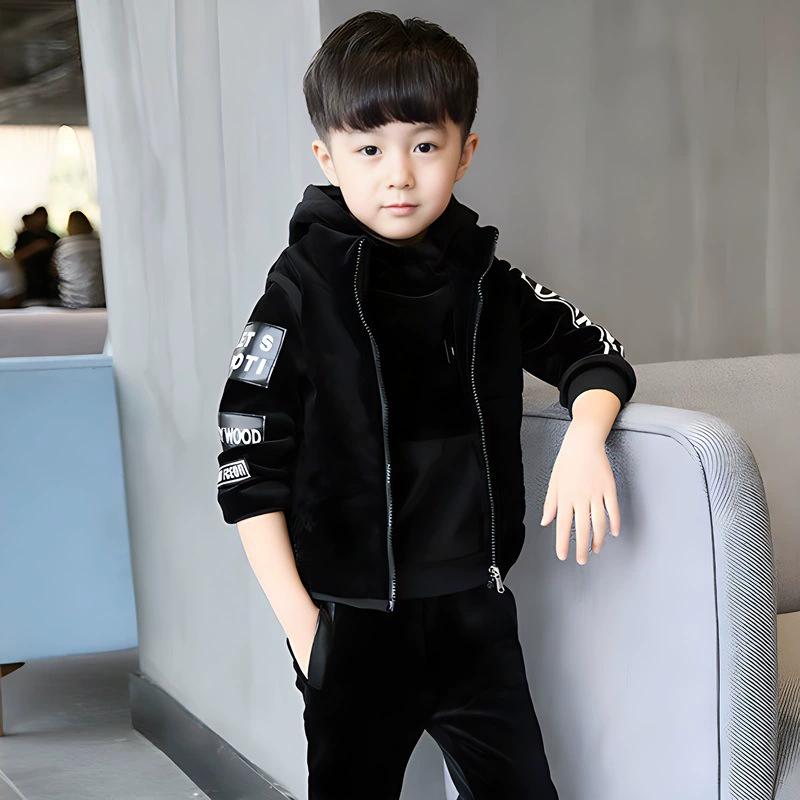 Boys' Suit with Plush and Thickened Autumn and Winter Clothing, Mid Size Children's Clothing, Boys' Hoodie Three Piece Set, Cool and Trendy