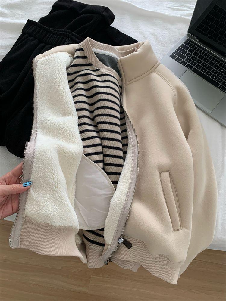 Warm Lamb Wool-Style Zipper Jacket: Autumn/Winter Casual Stand-Up Collar Sweatshirt