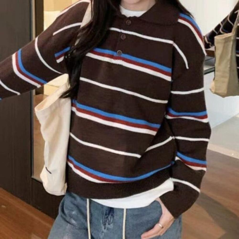 Navava Long Sleeve Striped Color Block Button Collar Knit Top Nk3328