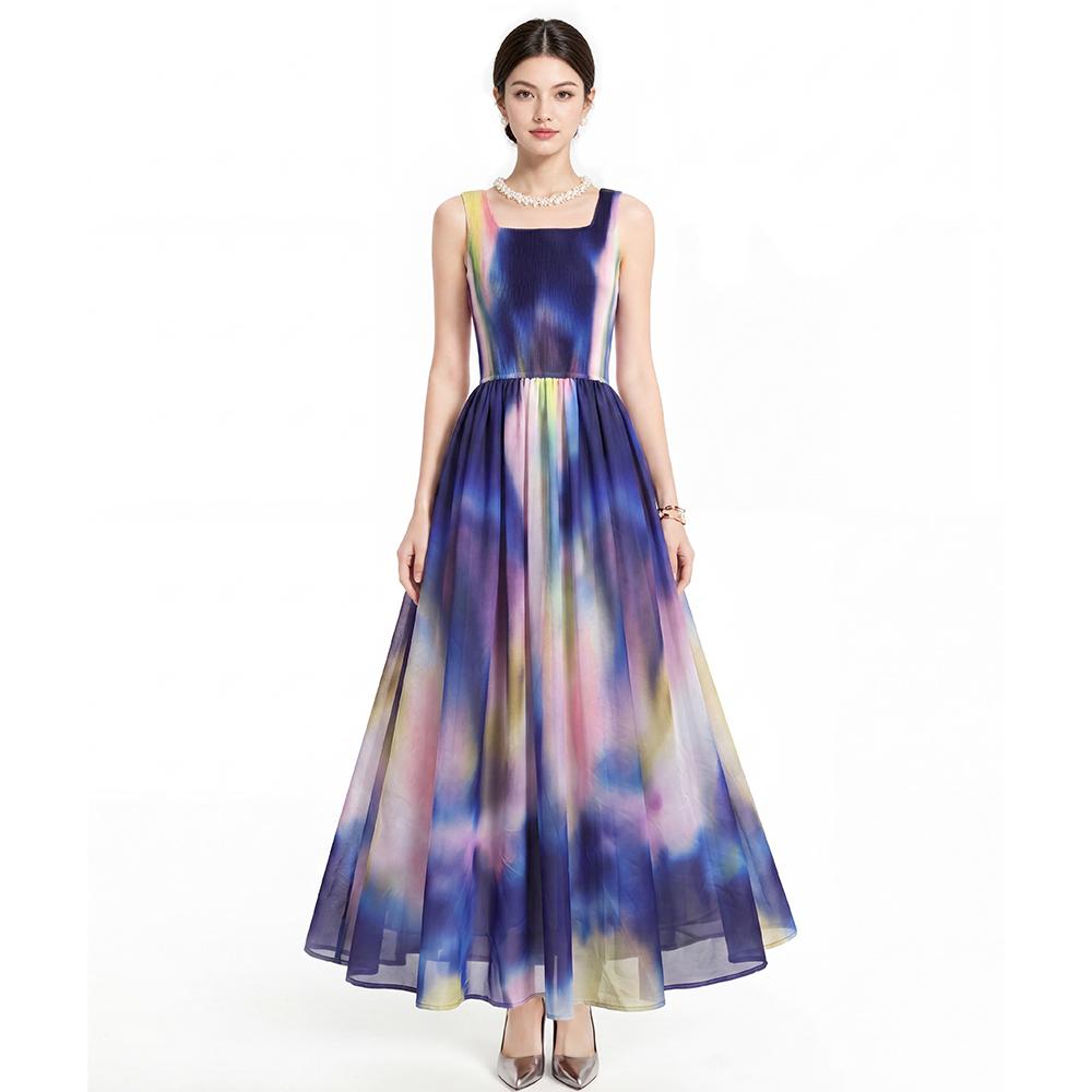 Bohemian Flower Print Long Dress Sexy Women Square Collar Blackless Gradient Color-block Print Chiffon Elastic Waist Maxi Dress M