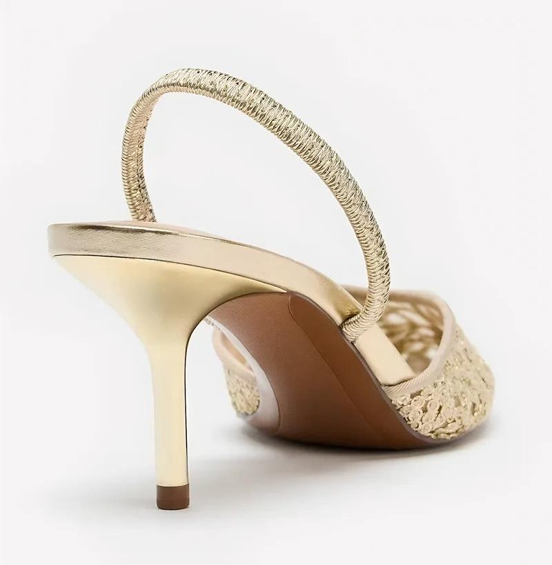 Luxury Mesh Embroidery Flower Design Gold Heels for Women Fashion Pointed Toe Slingback Mules Sandals Elegant Banquet Dress Shoe