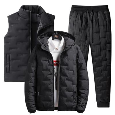 Herren Herbst und Winter Daunenjacke mit Kapuze aus Baumwolle Warme Weste Baumwollhose Lässiger warmer dreiteiliger Anzug