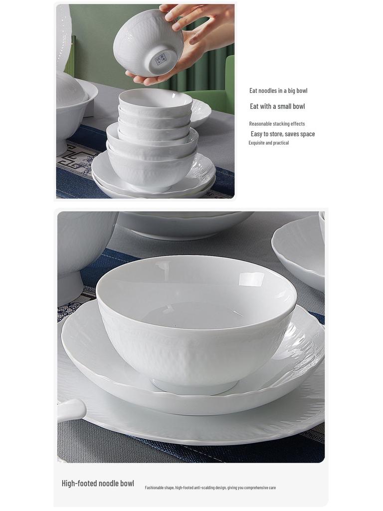 Jingdezhen High-Value White Porcelain Tableware Set: Underglaze Color Relief Bowl and Plate Collection