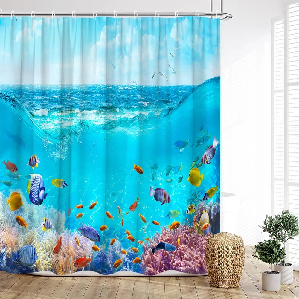 Ocean Animal Shower Curtain, Underwater Whale Coral Tropical Fish Wave Fish Blue Kids Boys Print Bathroom Decoration