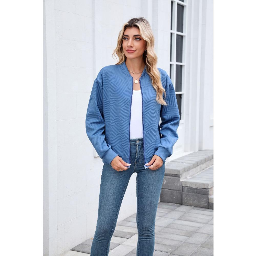 Women's Long-Sleeve Jacket Fall/Winter Solid Color Crew Neck Zipper Loose-Fit Long-Sleeve Sweatshirt Women's Baseball Jacket