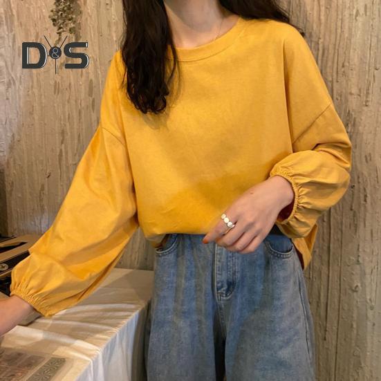 Women T-shirt Round Neck Lantern Long Sleeve Elastic Cuffs Tee Shirt Solid Color Loose Fit Pullover Tops Daily Wear