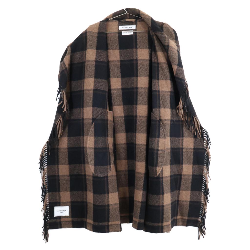 BALENCIAGA [Good condition/Domestic regular/21AW] 661436 Check Fringed Wool Twill Coat Gingham check twill coat ONE BrownUsed