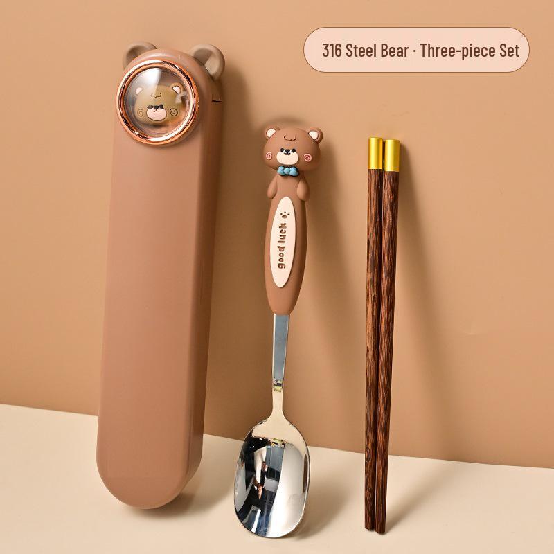 Stainless Steel Portable Cutlery Set: Cute Cartoon Design with Wooden Chopsticks, Spoon, and Storage Box Cartoon