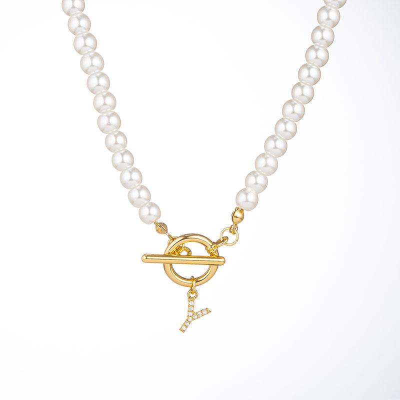 Zircon Crystal Initial A-Z Letter Pendant Necklace for Women Toggle Clasp Imitation Pearls Necklaces Wedding Jewelry Gift