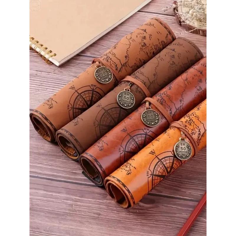 Vintage Treasure Map Roll Pencil Case – Large Capacity Leather Stationery Bag with Embossed Buckle