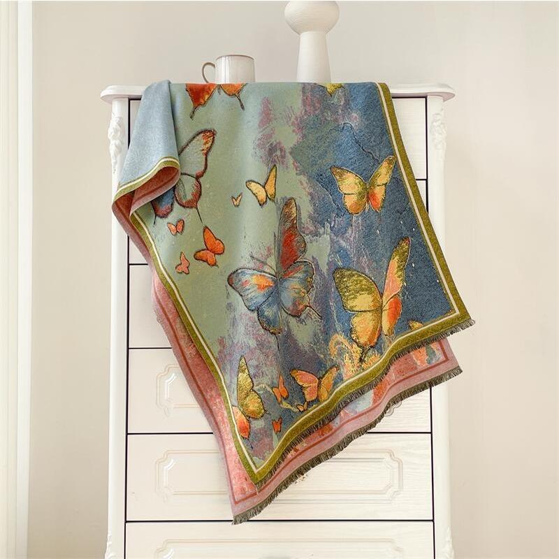 Winter oil painting style scarf women's plate four shuttle imitation cashmere shawl thickened warm fringed scarf