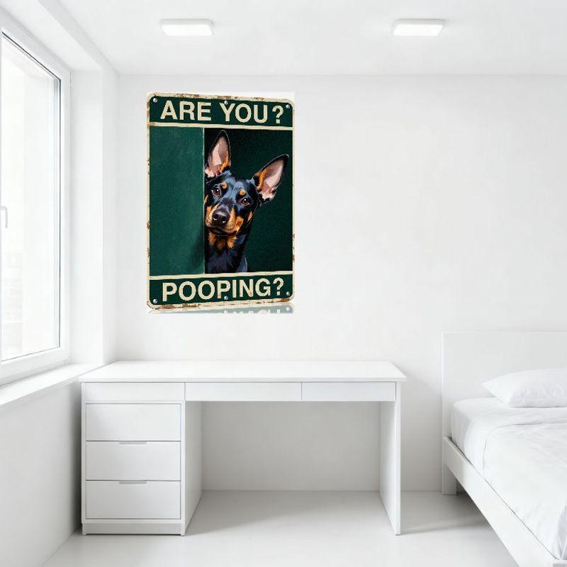 Vintage Green Background Metal Tin Sign 'ARE YOU POOPING?' with Doberman Dog Design Rustic Aged Warning Sign for Home Bar Cafe M