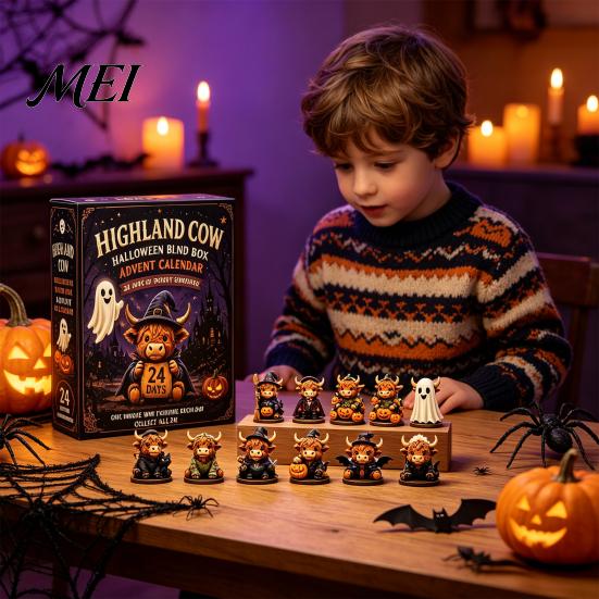 Highland Cow Advent Calendar Halloween Calendar, 24 Days Countdown Box Desk Decorations with 24Pcs Figurines, Spooky