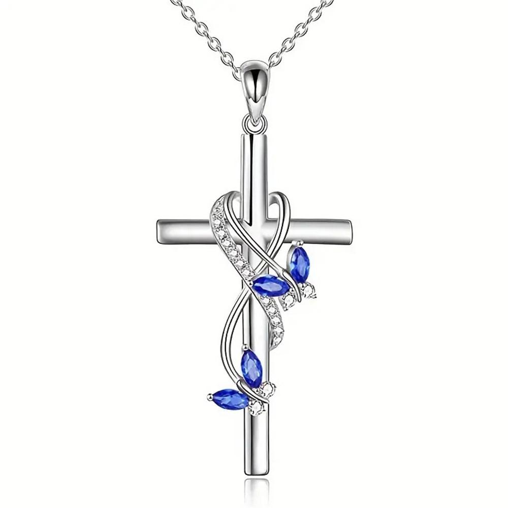 Süßes Weibliches Kristall Weiß Blau Zirkon Stein Schmetterling Kreuz Anhänger Halskette Vintage Silber Farbe Hochzeit Für Frauen